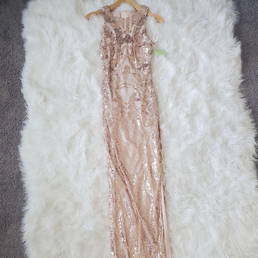 Prom Dress Rose Gold Nude Split Open Back